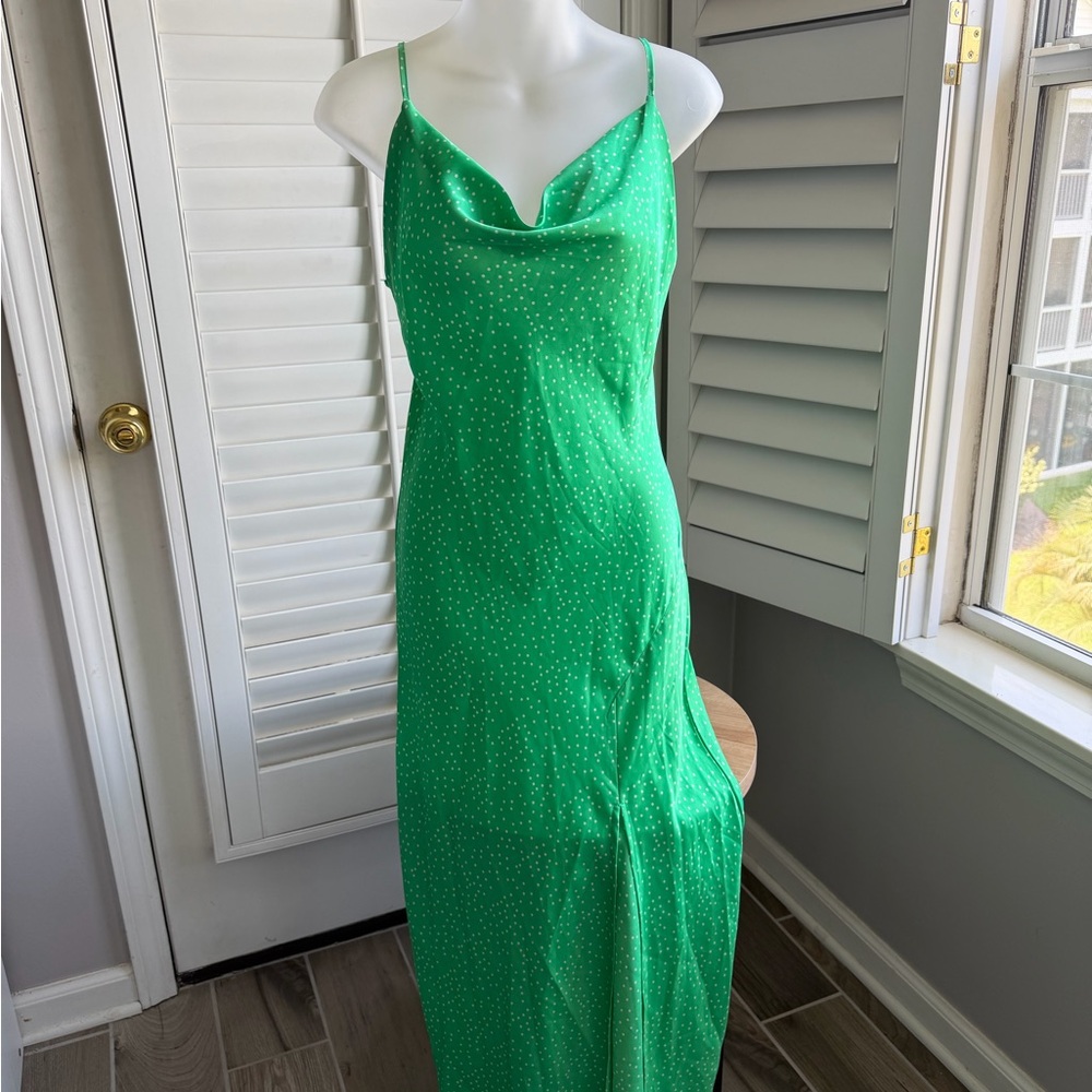 Green Polka Dot Maxi Slip Dress with Cowl Neck